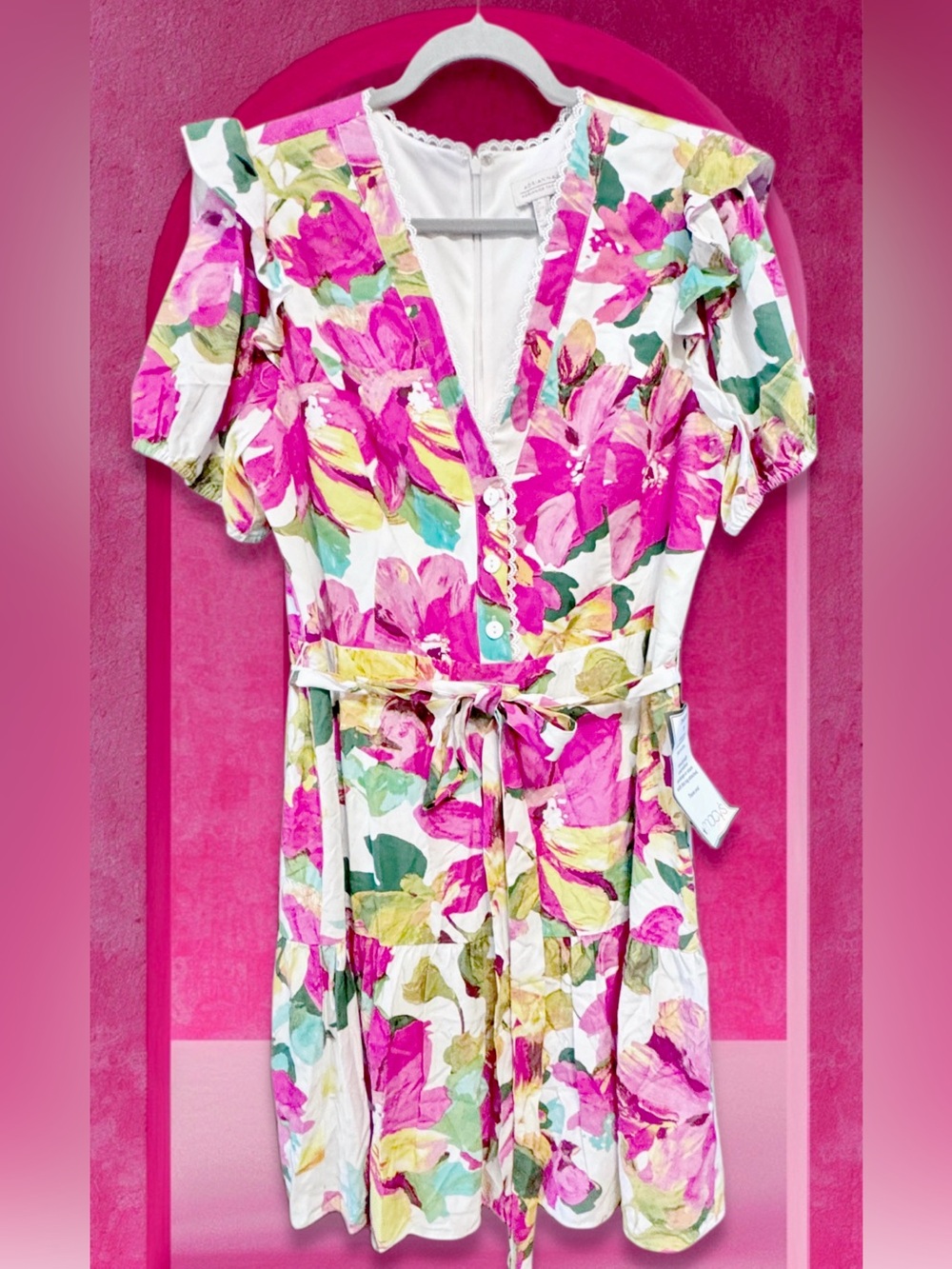 Adrianna Papell NWT White Floral Midi Dress with Pink and Green Accents size 14